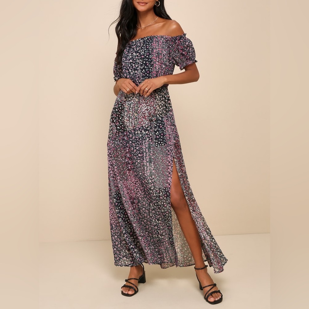 Lulus Neva Navy Blue Micro Floral Print Off-the-Shoulder Flowy Maxi Dress Size S